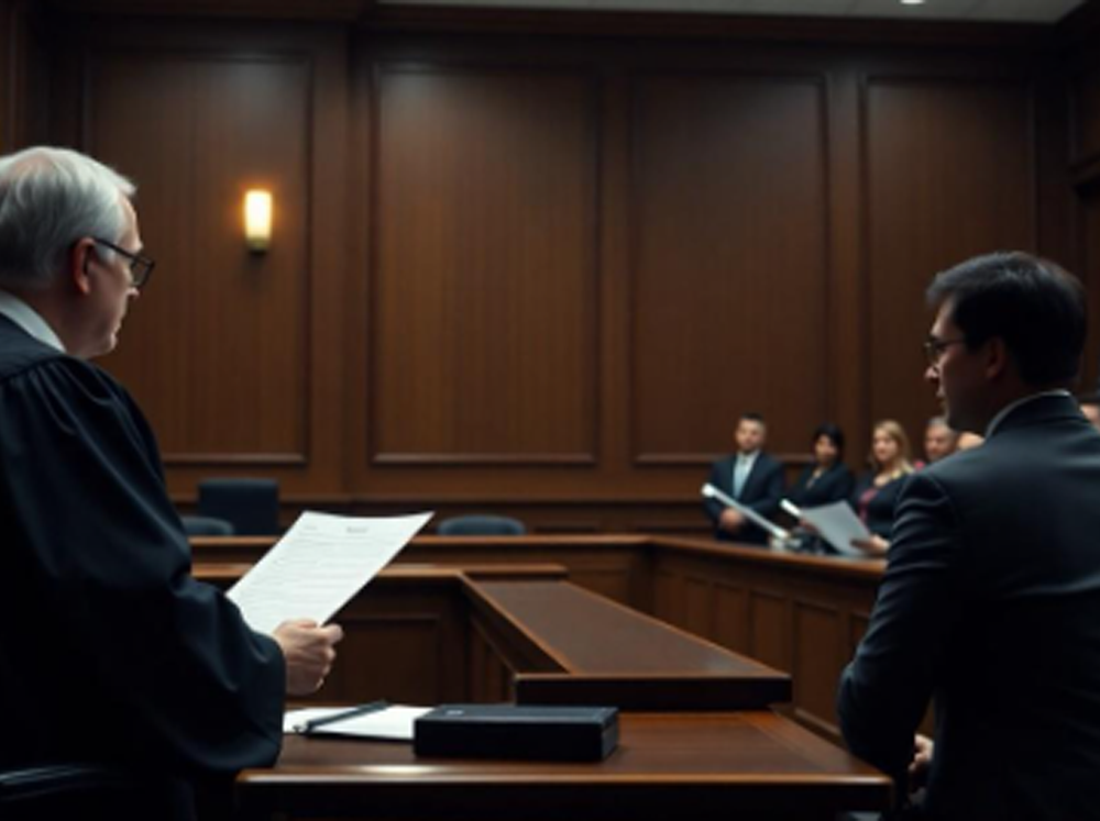 Judge reading court papers during a courtroom hearing.