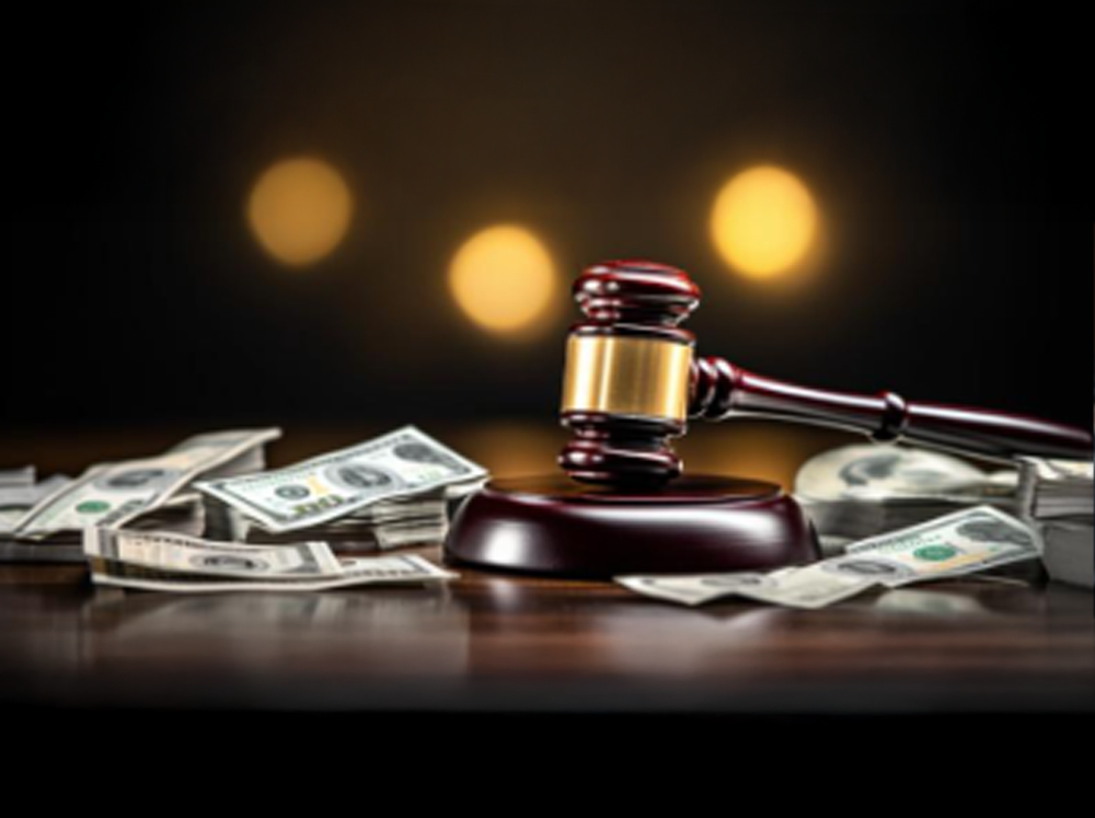 Gavel with cash symbolizing legal fines or settlements.